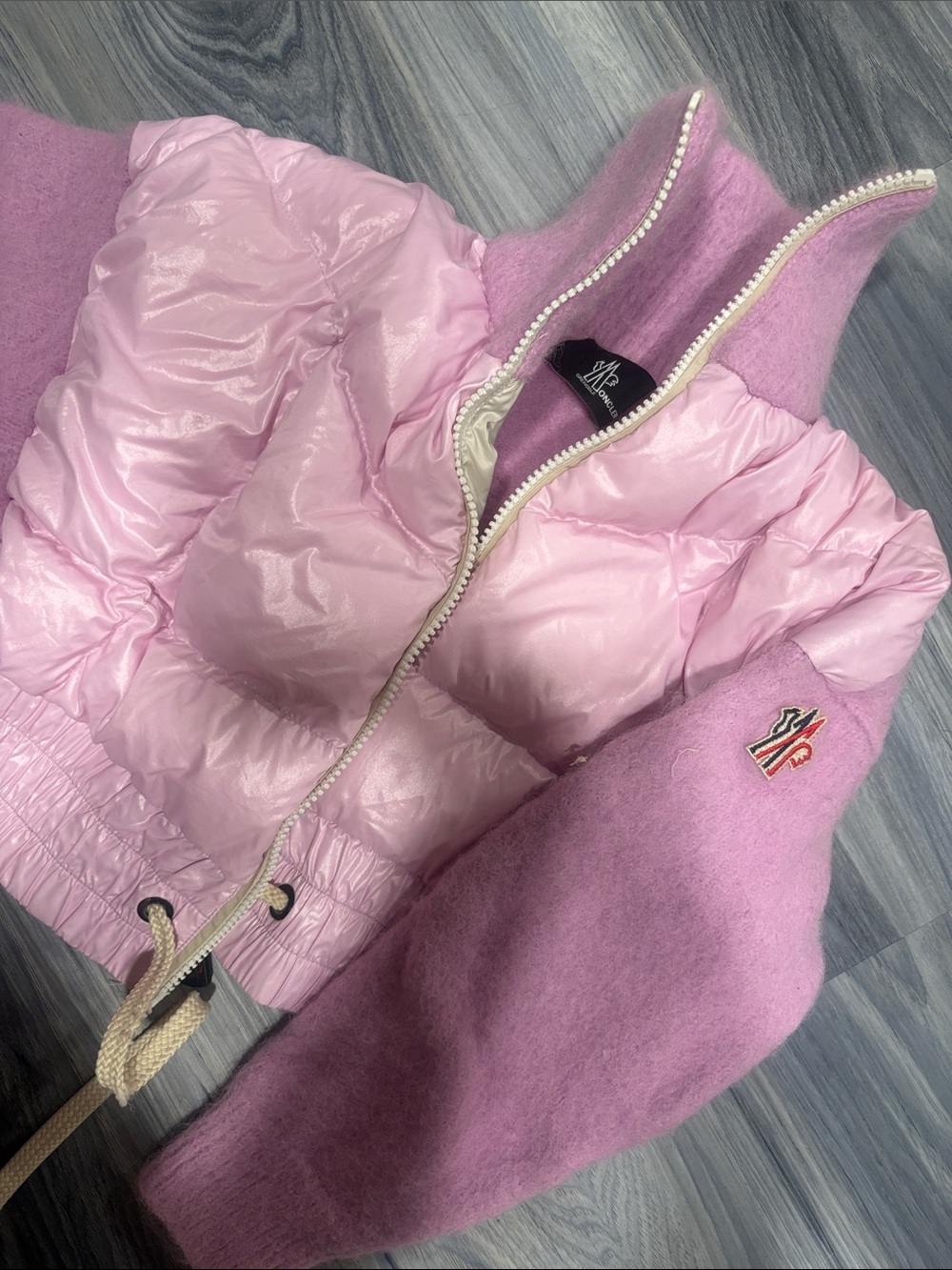 Xxs Moncler Pink Two-Tone Puffer & Wool Sleeve Bomber Jacket